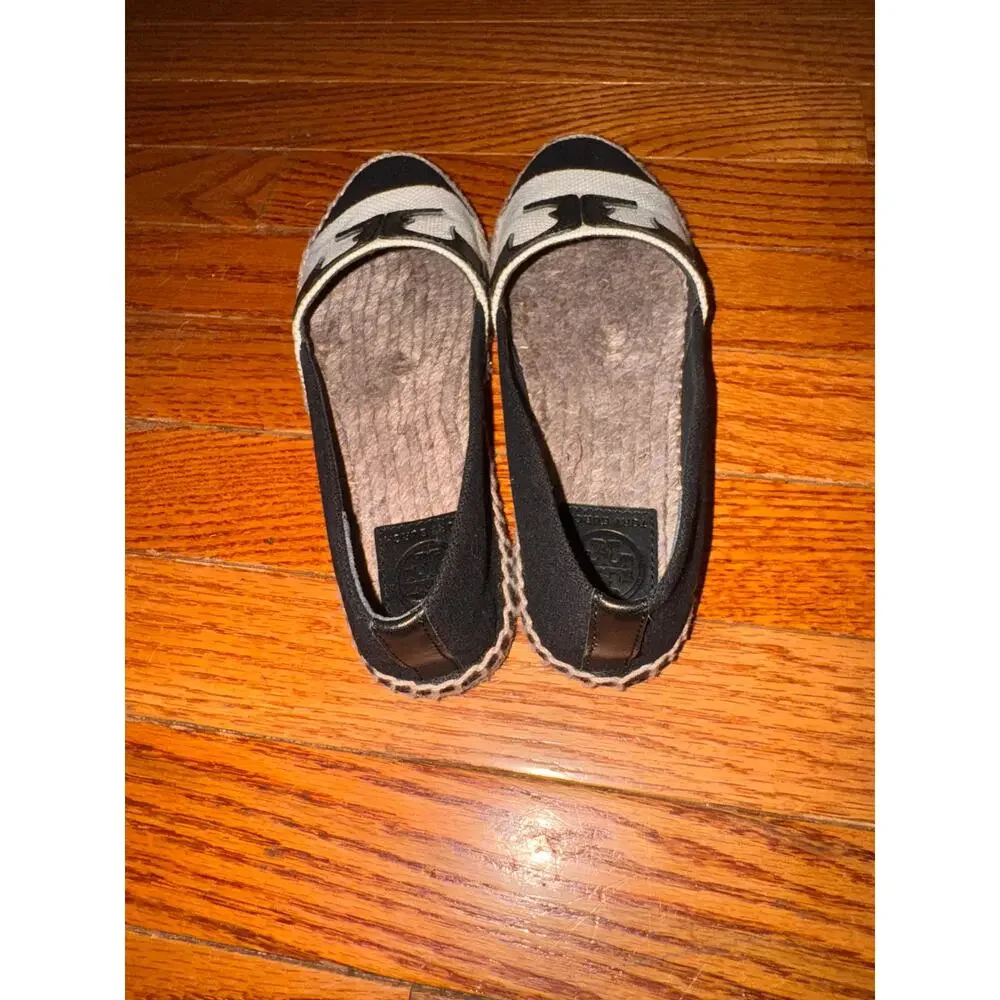 Tory Burch Veranda Espadrille Flats US 6.5 Black Beige Casual Slip-On Shoes NEW